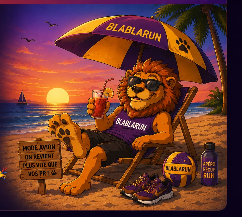 Mascotte Blablarun en vacances sous un parasol sur la plage